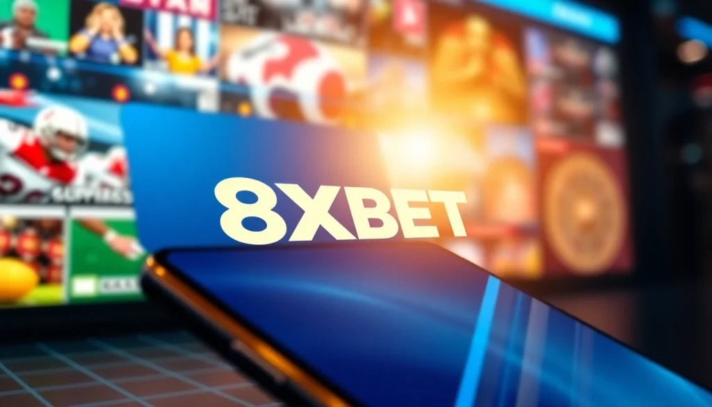 Engaging 8XBET online betting platform with dynamic visuals and a smartphone display.