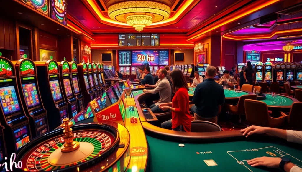 No Hu casino scene featuring excited players at slot machines and roulette tables in a lively environment.
