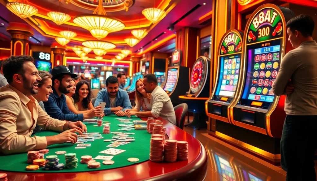 Players experiencing the thrill of poker and slot machines at a casino showcasing 88AA as a symbol of good fortune.