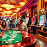 Players experiencing the thrill of poker and slot machines at a casino showcasing 88AA as a symbol of good fortune.