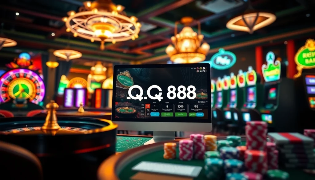 QQ88 đăng nhập interface displayed on a vibrant computer screen set against a lively casino backdrop.