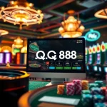 QQ88 đăng nhập interface displayed on a vibrant computer screen set against a lively casino backdrop.