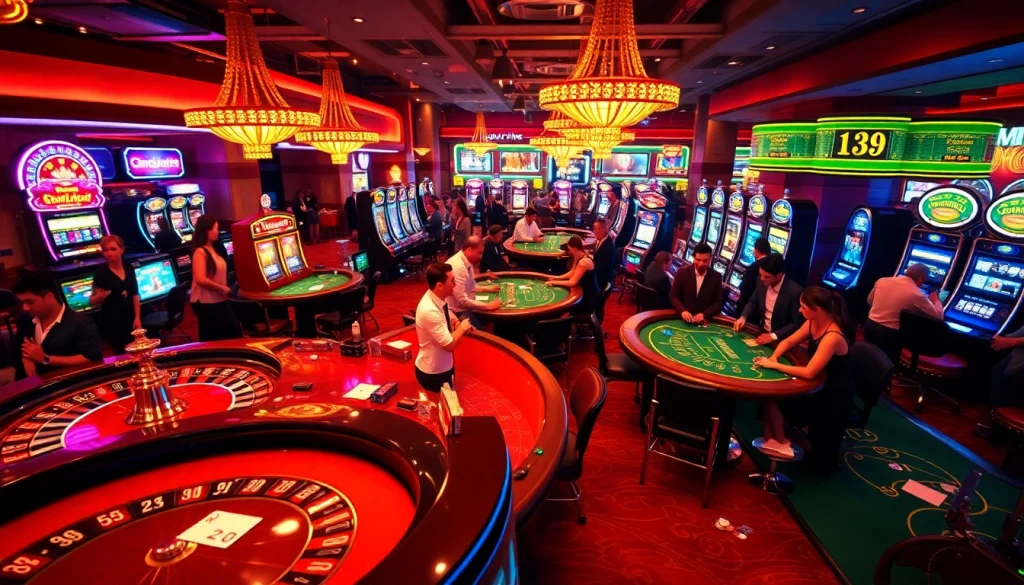 Experience the thrill of đánh giá top nhà cái uy tín amidst a vibrant casino with excited players at table games.