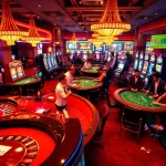 Experience the thrill of đánh giá top nhà cái uy tín amidst a vibrant casino with excited players at table games.