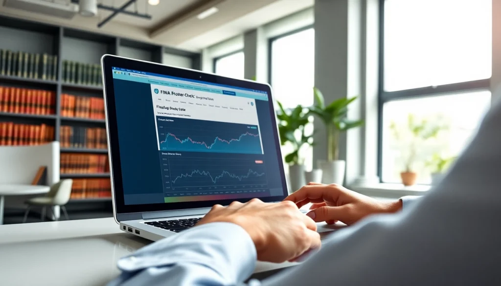 Researching FINRA Broker Check for broker information in a professional office.