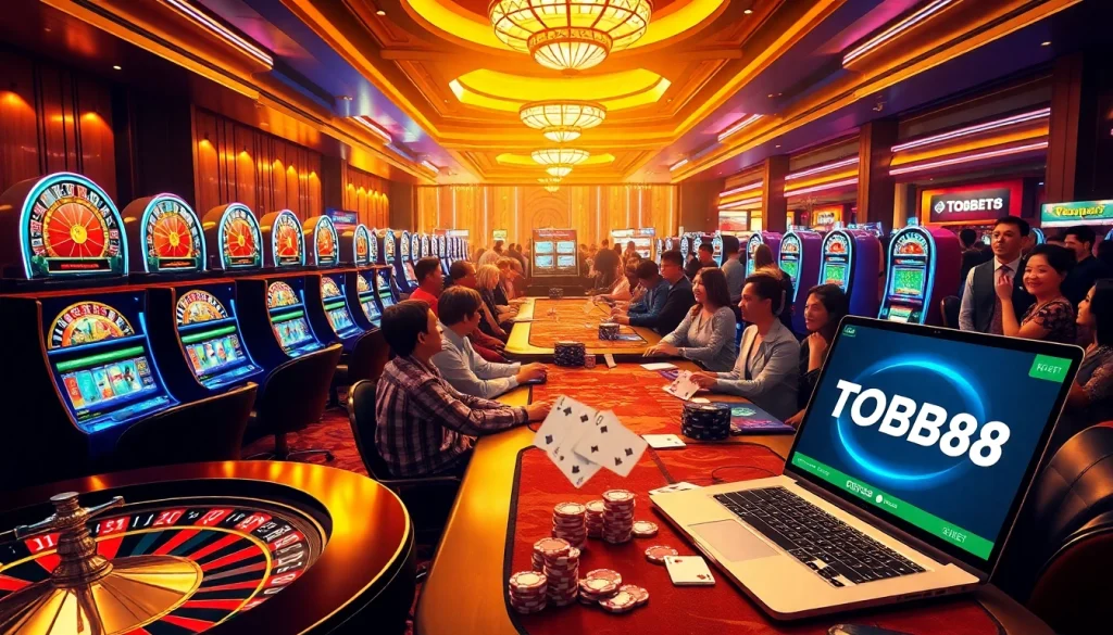 TOBET88 Casino floor bustling with players at exciting roulette and poker tables.