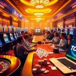 TOBET88 Casino floor bustling with players at exciting roulette and poker tables.