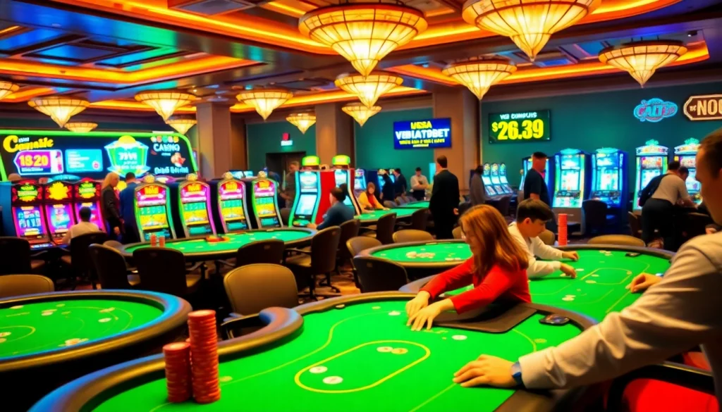The vibrant casino scene at https://vuabai9bet.com/ showcases players engaged in poker with colorful chips and exciting lighting.