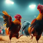 Witness an intense cockfighting match at 69vn.rodeo with vibrant roosters and an enthusiastic crowd.