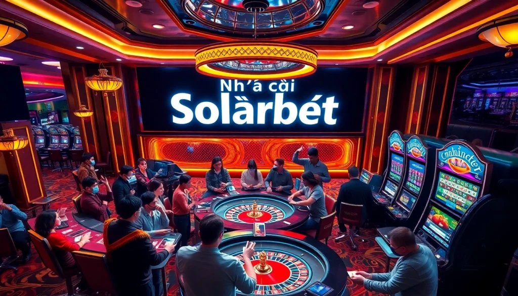 Engaged gamblers at Nhà cái Solarbet enjoying roulette and slots in a vibrant casino atmosphere.