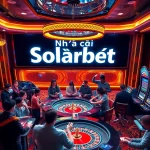 Engaged gamblers at Nhà cái Solarbet enjoying roulette and slots in a vibrant casino atmosphere.