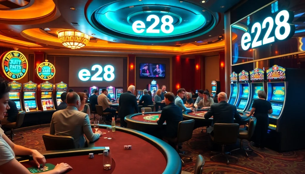 Experience the thrill of e28 casino gaming with colorful tables, elegant players, and exciting slot machines.