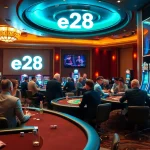 Experience the thrill of e28 casino gaming with colorful tables, elegant players, and exciting slot machines.