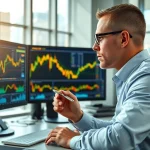 Analyze XAUUSD SIGNALS with a professional Forex trader in a bright, modern office.