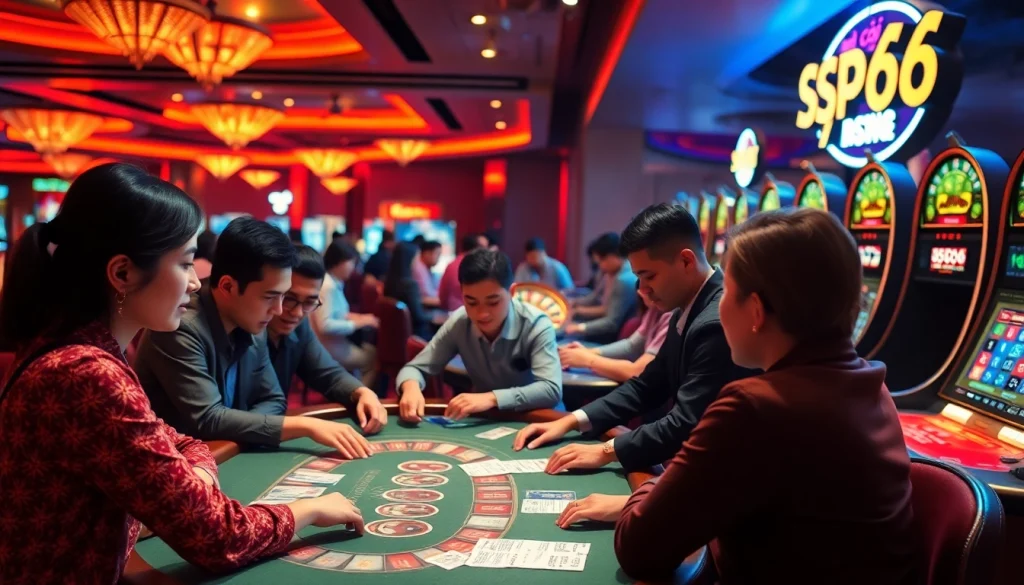 Players experiencing the thrill of gaming at Nhà cái SP666's vibrant casino, showcasing excitement and strategy.
