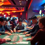 Players experiencing the thrill of gaming at Nhà cái SP666's vibrant casino, showcasing excitement and strategy.