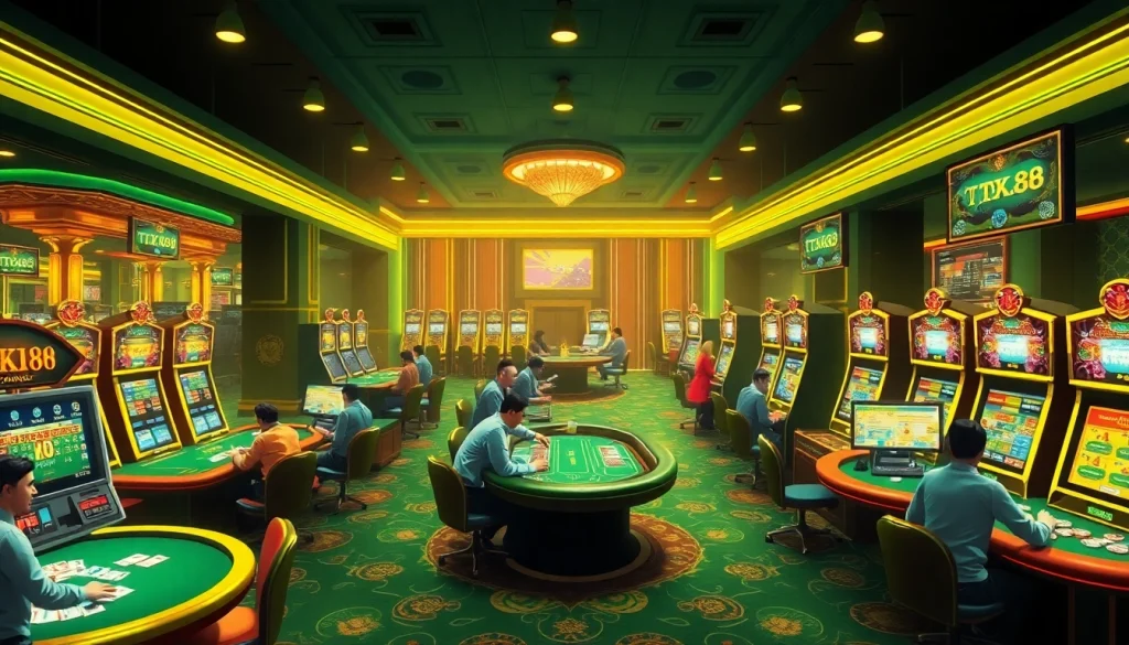 Players using the app tk88 at a bustling casino, enjoying poker and roulette games.