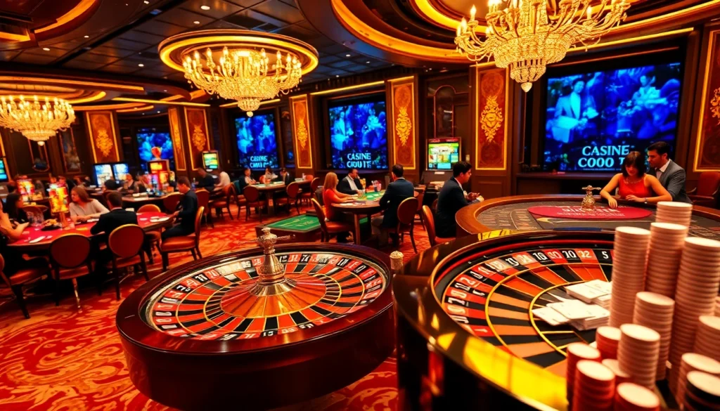 A lively casino scene showcasing players at various tables, highlighting 88aa.com for diverse gaming options.