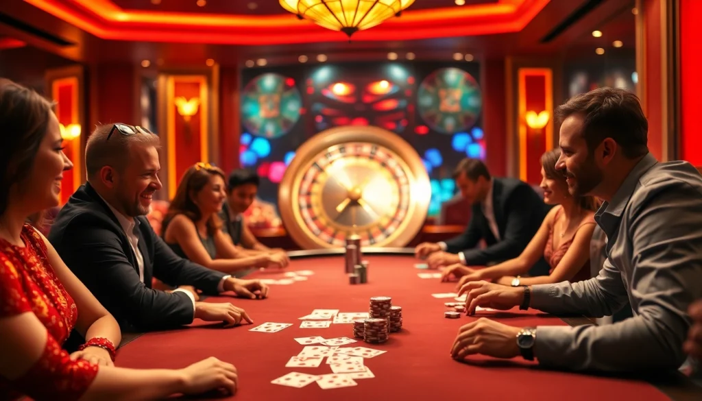 Players enjoying poker at a vibrant casino, exploring giải mã nhà cái uy tín amidst thrilling gambling experiences.
