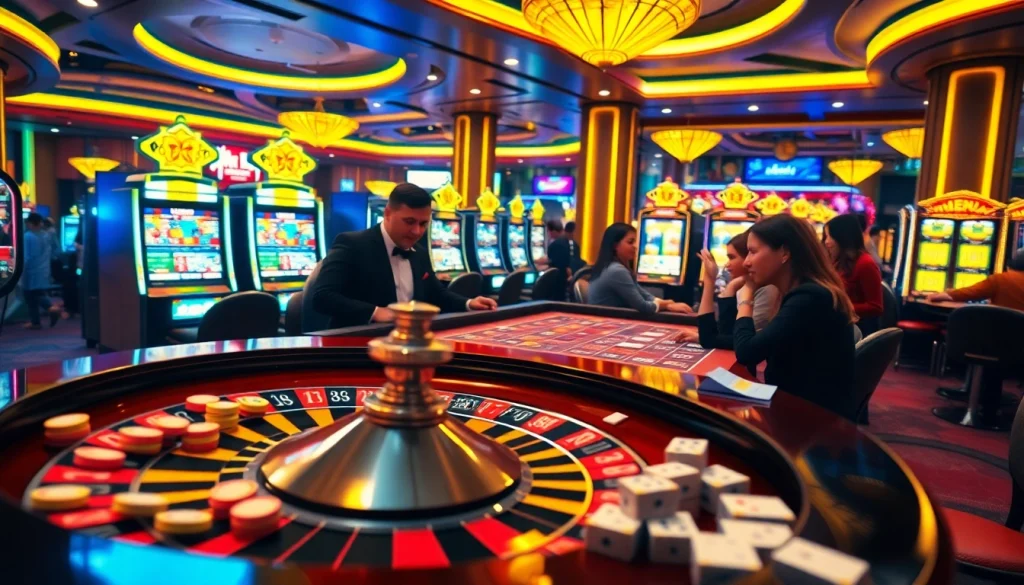 Experience the thrill of VUABAI9’s vibrant casino tables, featuring roulette, chips, and enthusiastic players.