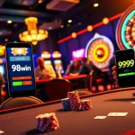 Experience the thrill of the 98win app in a lively casino setting with players at poker and slot machines.