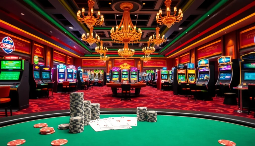Experience the thrill of TOBET88 with vibrant gaming scenes and a bustling casino atmosphere.