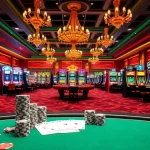 Experience the thrill of TOBET88 with vibrant gaming scenes and a bustling casino atmosphere.