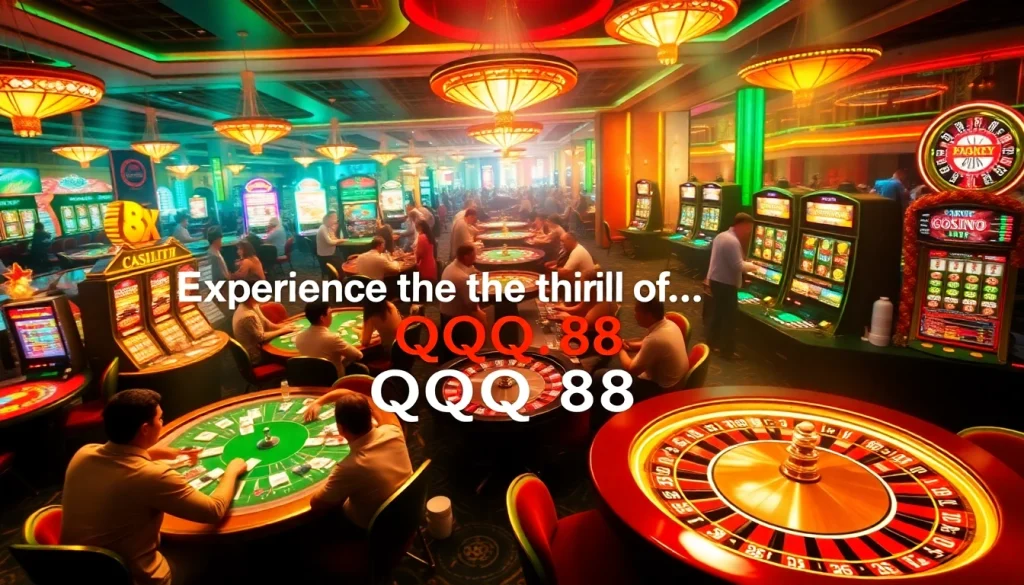 Players enjoying the vibrant atmosphere of QQQ88 casino with roulette and slot machines.