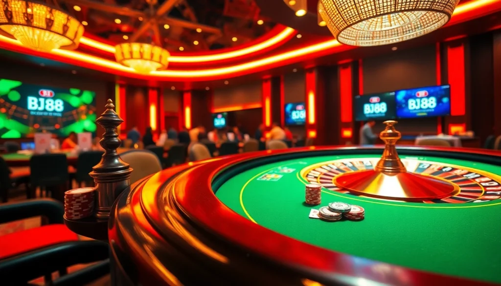 Players are betting at a modern casino table featuring the BJ 88 brand in a thrilling atmosphere.