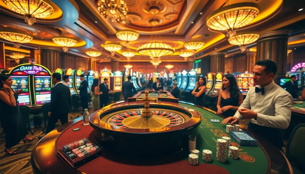 Players engaging in casino games with excitement at https://hz88.my/, enjoying roulette and slots in a luxurious setting.