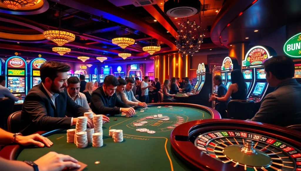 Experience the thrill of 88FC's casino with players at a vibrant poker table and dazzling slot machines.