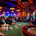 Experience the thrill of 88FC's casino with players at a vibrant poker table and dazzling slot machines.