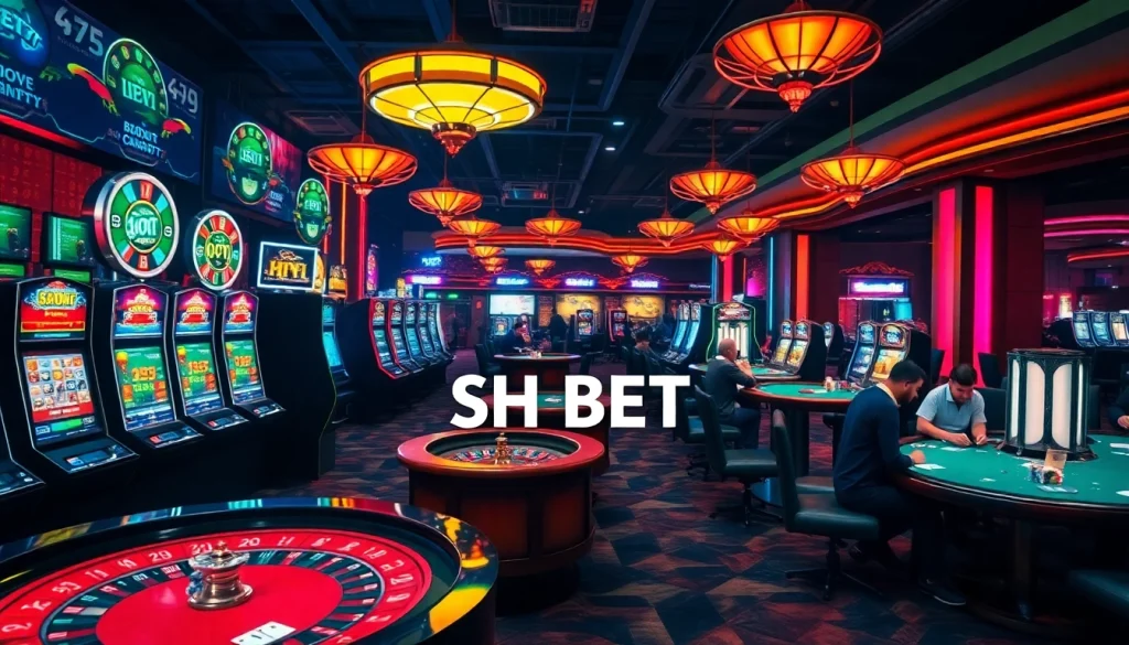 Players enjoy a thrilling night at SHBET Casino with vibrant lights and exciting games.