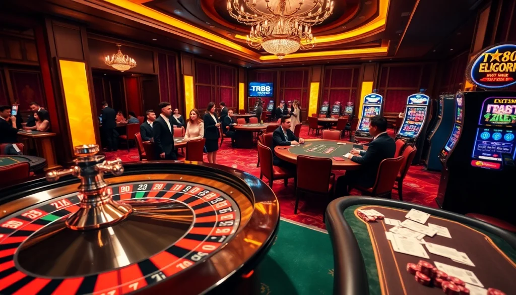 Experience the thrill of casino gaming at https://tr88.locker/ showcasing players at roulette and poker tables.