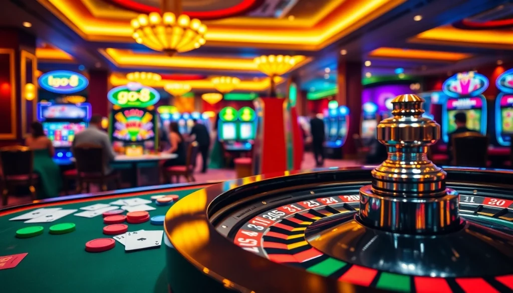 Experience the thrill of casino gaming at go8 with vibrant roulette and poker tables.