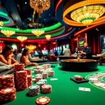 Experience the thrilling atmosphere of gacor123 at an exciting poker game table, filled with colorful chips and lively players.